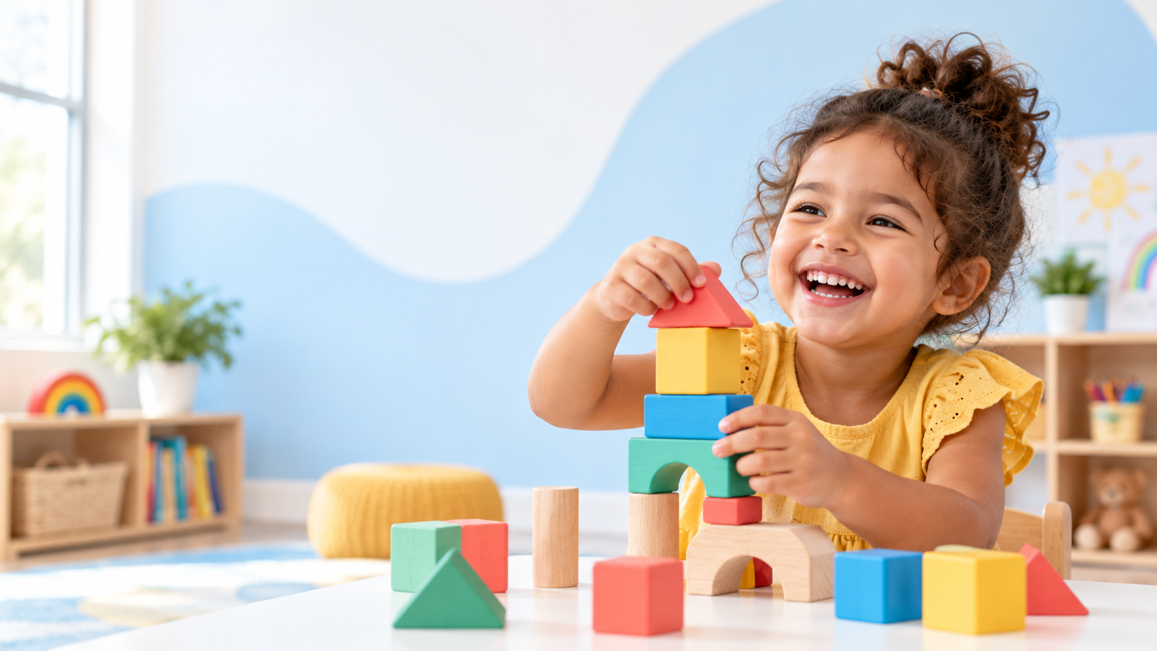 A happy child building a colorful tower at preschool